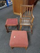 A 19th century footstool together with child's chair and further rush seated stool