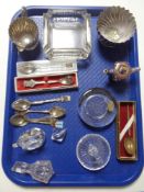 A tray of plated sugar basin, milk jug, Senior Service glass ashtray, crested spoons,