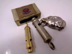 A match vesta case with Royal Engineers enamelled emblem together with two whistles and a plated