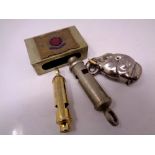 A match vesta case with Royal Engineers enamelled emblem together with two whistles and a plated