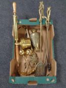 A box of brass ware including garden sprayer, trivet, companion set,