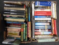 Two boxes of books relating to warfare, guns, novels,