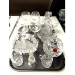 A tray of six etched wine glasses, Webb cut glass bowl,