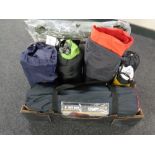 A box of camping equipment, regatta three person tent with porch, inflatable mattress, sleeping bag,
