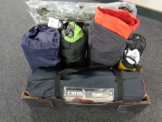 A box of camping equipment, regatta three person tent with porch, inflatable mattress, sleeping bag,