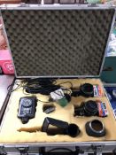 An aluminium camera case containing Pentax Spotmatic camera, Pentax ME Super, lenses,