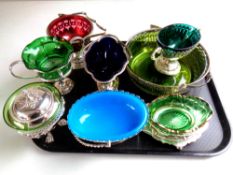 A tray of eight assorted silver plated and coloured glass baskets