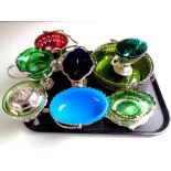 A tray of eight assorted silver plated and coloured glass baskets
