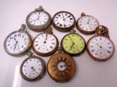 A group of nine various pocket watches including gold plated examples, one with Albert chain.