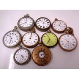 A group of nine various pocket watches including gold plated examples, one with Albert chain.