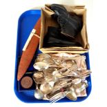 A tray of Practical Zoology medal, pair of child's leather shoes,