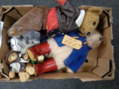 A box of soft toys, mohair bear,