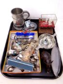 A tray of silver plated collector's spoons, Poringer, tankard,