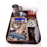 A tray of silver plated collector's spoons, Poringer, tankard,