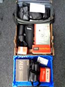 A box and crate of assorted cameras, camera bags, hair clippers, Viewmaster,