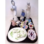 A tray of Spanish figures, china flower posies, miniature Sylvia Smith tea for two,