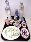 A tray of Spanish figures, china flower posies, miniature Sylvia Smith tea for two,