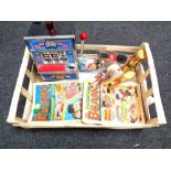 A box of Teamsters racing set, Beano annuals, figures etc,