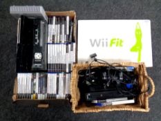 A box and basket of Sony Play Station II, PS 3, Xbox 360, quantity of games and accessories,