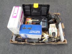 A box of assorted home phones, remote controlled helicopter and car,