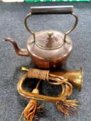 A Victorian copper and brass kettle together with a copper and brass hunting horn