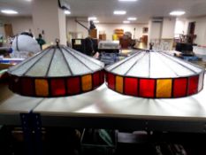 An impressive pair of early 20th century stained leaded glass billiards lights