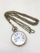 A 9ct gold open faced fob watch on plated chain