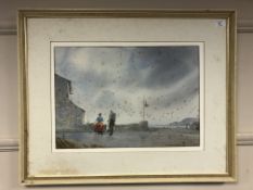 Edward Emerson : Fishwives on a Quay, watercolour, signed, 36 cm x 51 cm, framed.