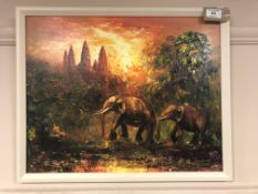 Contemporary African School : Two Elephants in an Open Landscape, oil on board, indistinctly signed,