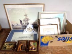 A box of pictures and prints, Seth Thomas china clock,
