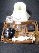 A box containing contemporary globe, glass candlesticks, alabaster lamp base,