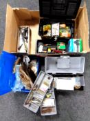 A box of Shakespeare Graflite reel, three plastic crates of fly making equipment,