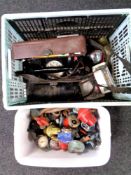 Two crates of portable wind up telephone, vintage torches,