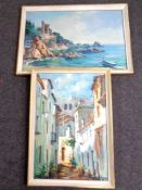 A pair of continental oils on canvas - coastal scene and street scene