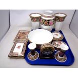 A tray of Wedgwood Clio pattern porcelain, pair of hexagonal vases, baluster vases,