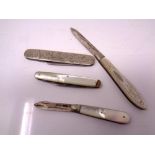 A mother of pearl and silver bladed fruit knife together with similar pocket knife,