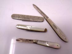 A mother of pearl and silver bladed fruit knife together with similar pocket knife,