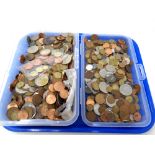 A tray of pre decimal British coins and world coins