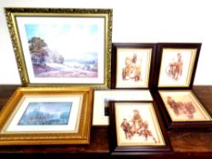 A gilt framed print after L S Lowry together with six further framed prints