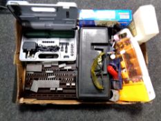 A box of cased electric multi tool, accessory sets, plastic tool box,