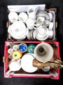Two boxes containing pottery kitchen jars, German Thomas porcelain dinner wares,