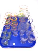 A tray of hand painted glass jug and set of six similar glasses together with a further etched