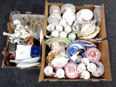 Three boxes of china ad glass including Willow pattern plates, Aynsley vases, figures,