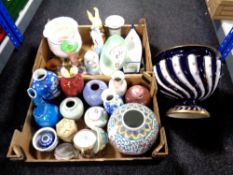 Two boxes of Oriental and other porcelain and ceramics, vases, lamp base, figures,