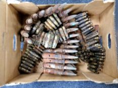 A box of spent ammunition shells