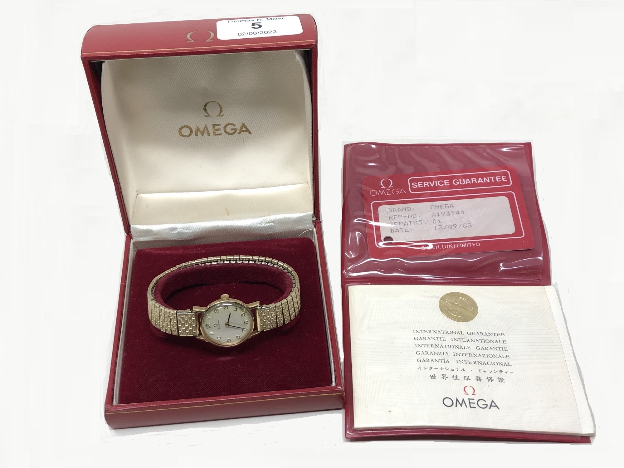 A Lady's 9ct Gold Omega Wristwatch, silvered dial with Arabic numerals, later crown,