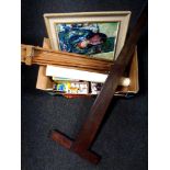 A box of artist's equipment including easel, paints, T-square,