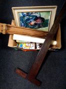 A box of artist's equipment including easel, paints, T-square,