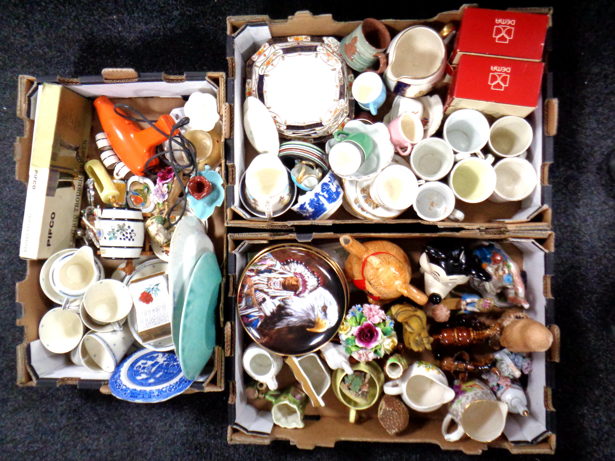 Three boxes of tea china, ornaments, electric trouser presser,