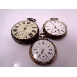 Two silver open faced pocket watches together with a fob watch